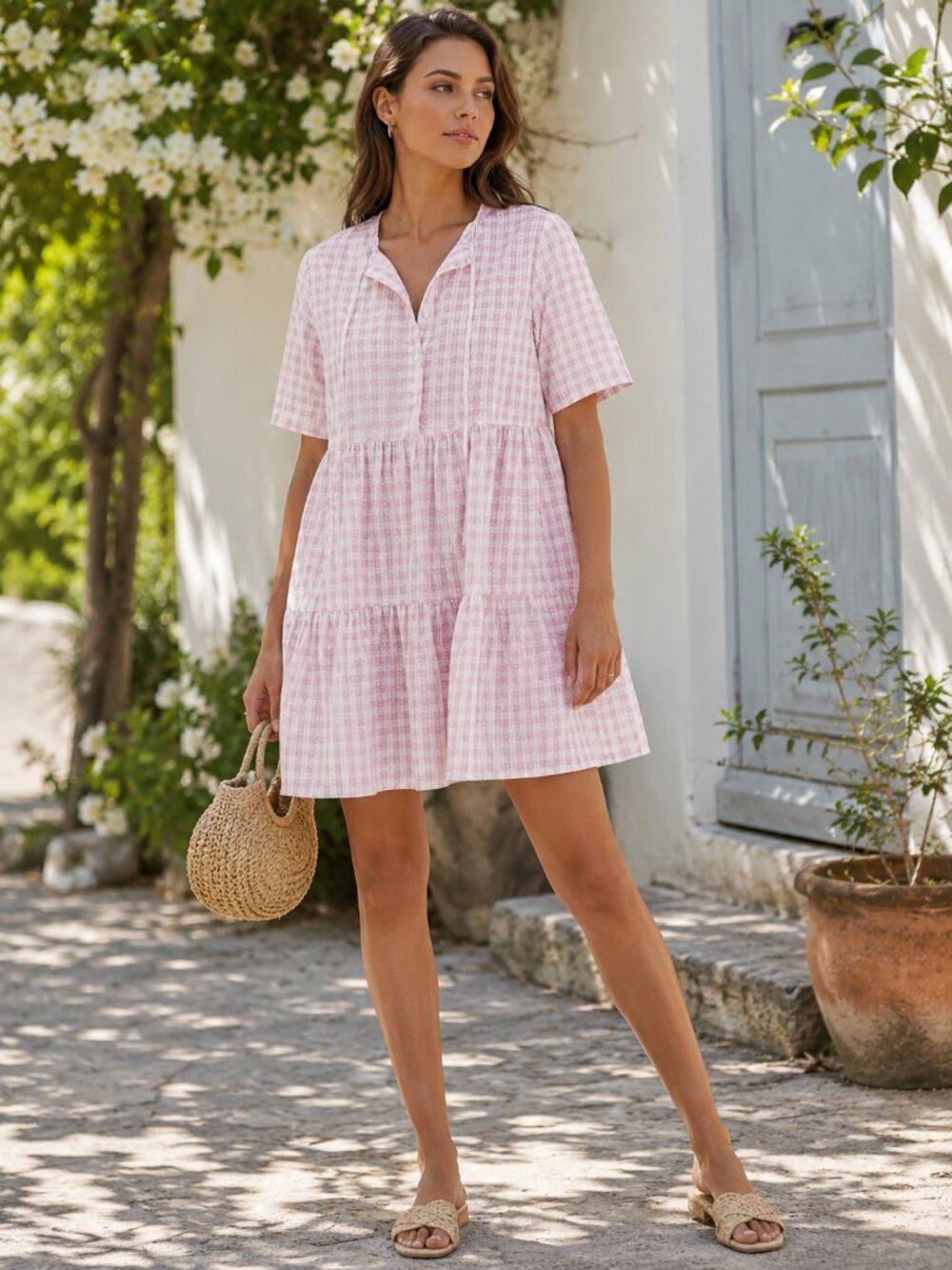 Charlie Holiday Belle Pink Gingham Check Mini Dress Babydoll Short Sleeve M NWT